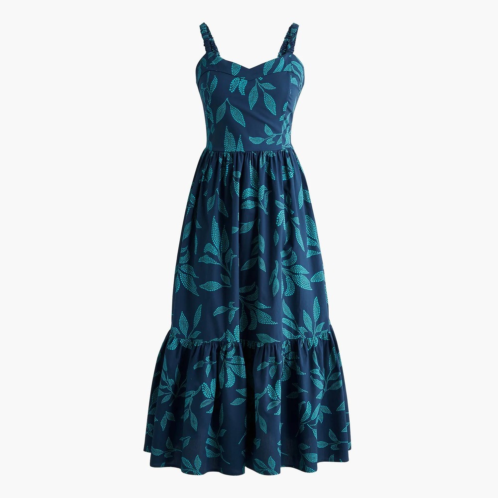 J.Crew Poplin Corset Midi‎ Dress Womens 2 Navy Teal Leaf Print Pockets Tropical